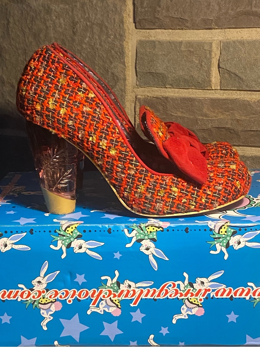 Irregular Choice vintage pumps,red/gold tweed,red bow,clear carved ombre heels,8
